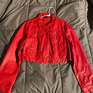 Cropped red leather jacket